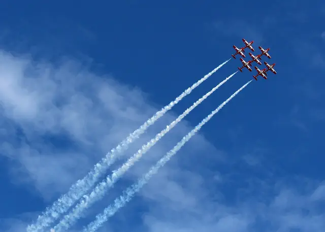 Snowbirds formation with smoke trails at the Tribute to Veterans Air Show