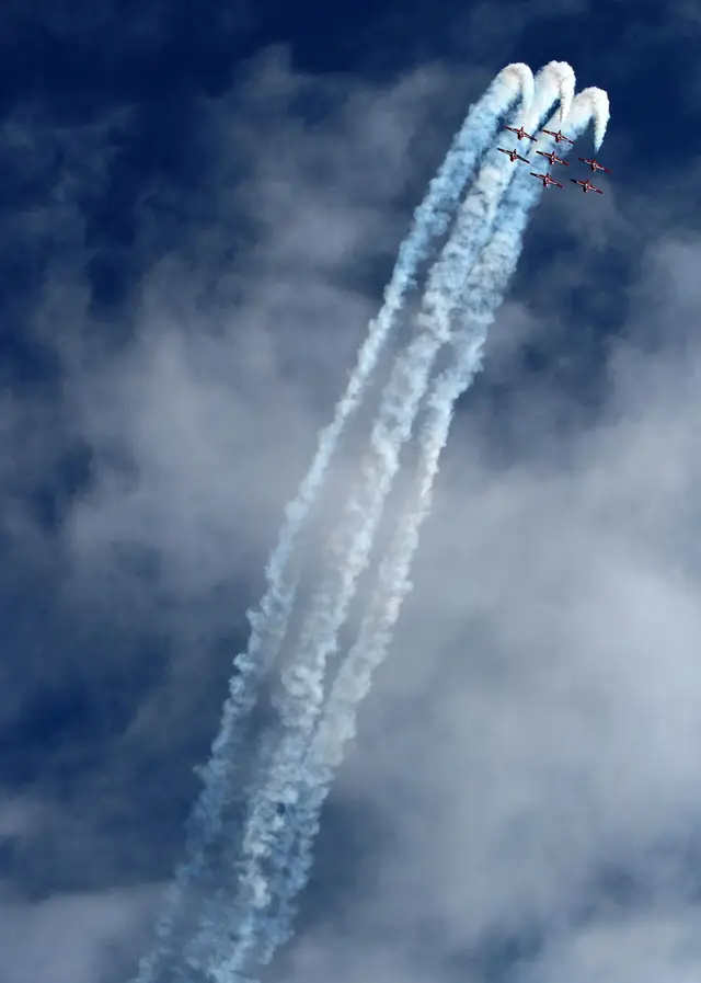 Snowbirds formation with smoke trails at the Tribute to Veterans Air Show